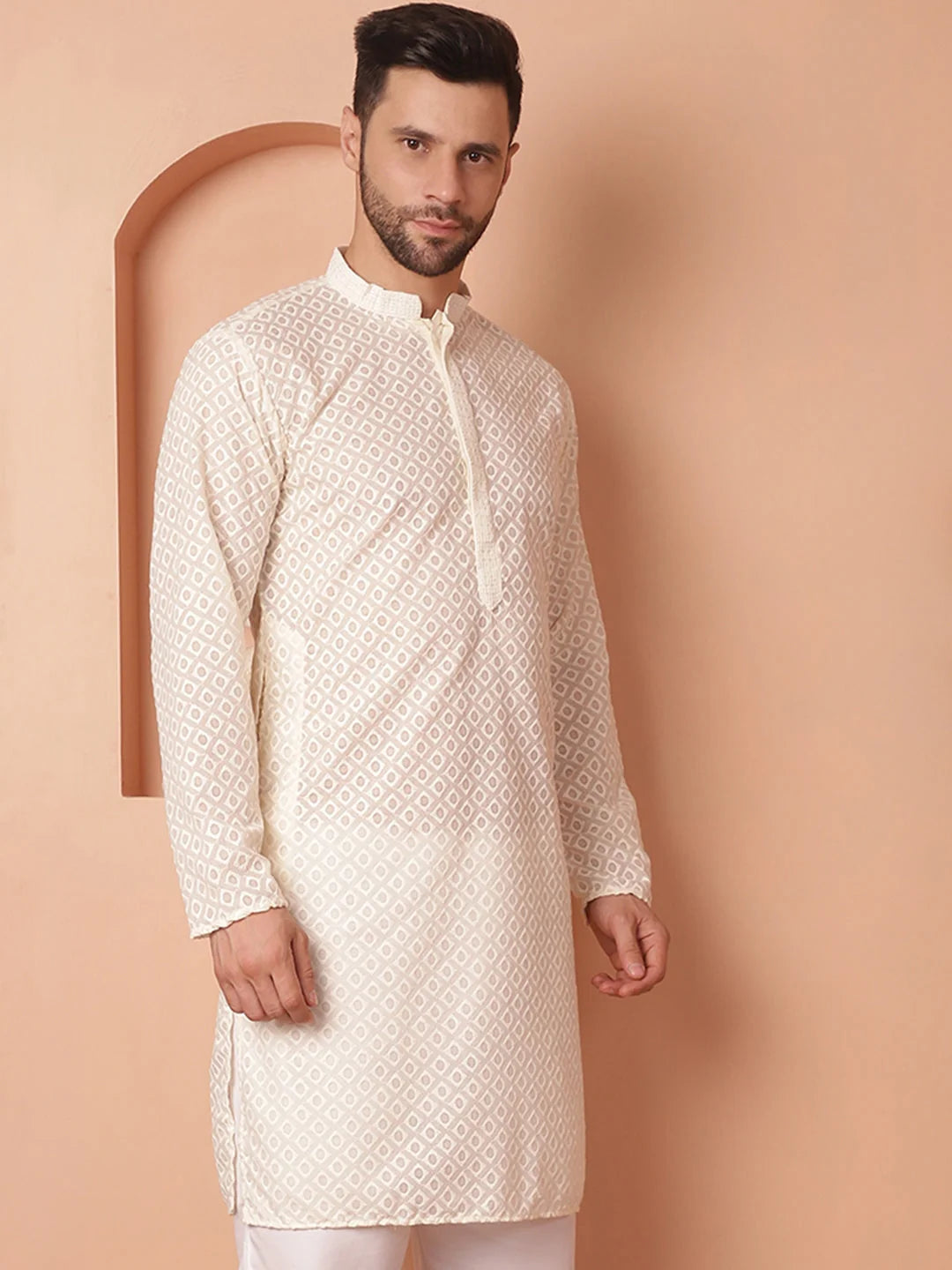 Cream Mens Kurta: Cotton Indian Kurta for Men - Chikankari
