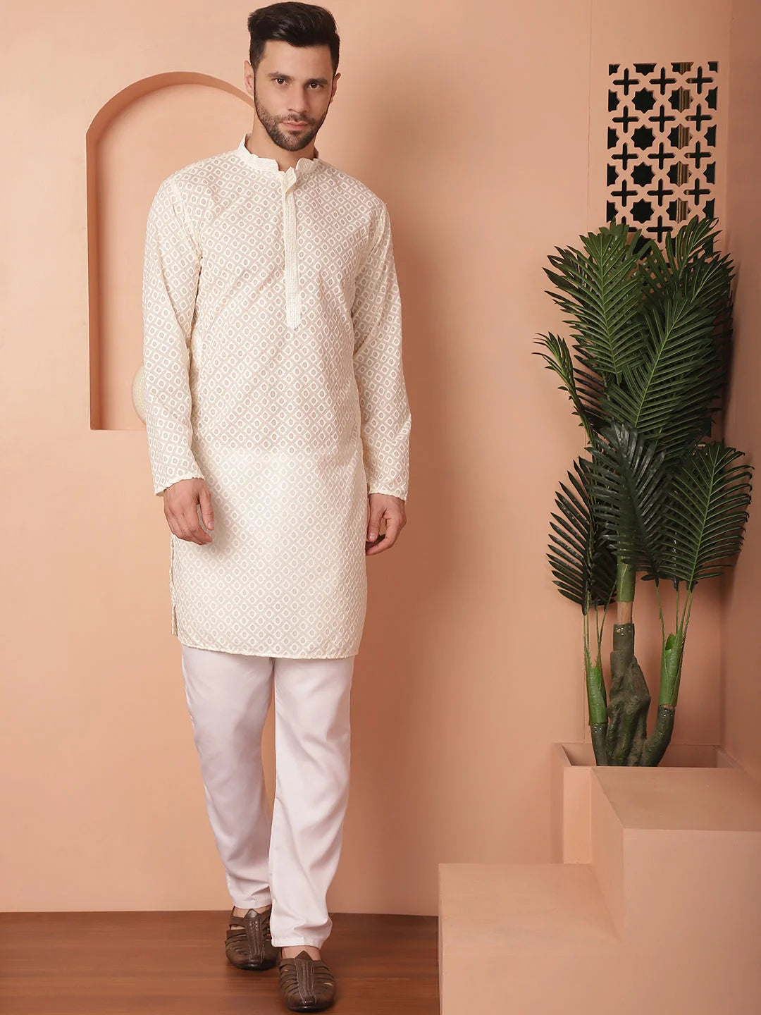 Cream Mens Kurta: Cotton Indian Kurta for Men - Chikankari