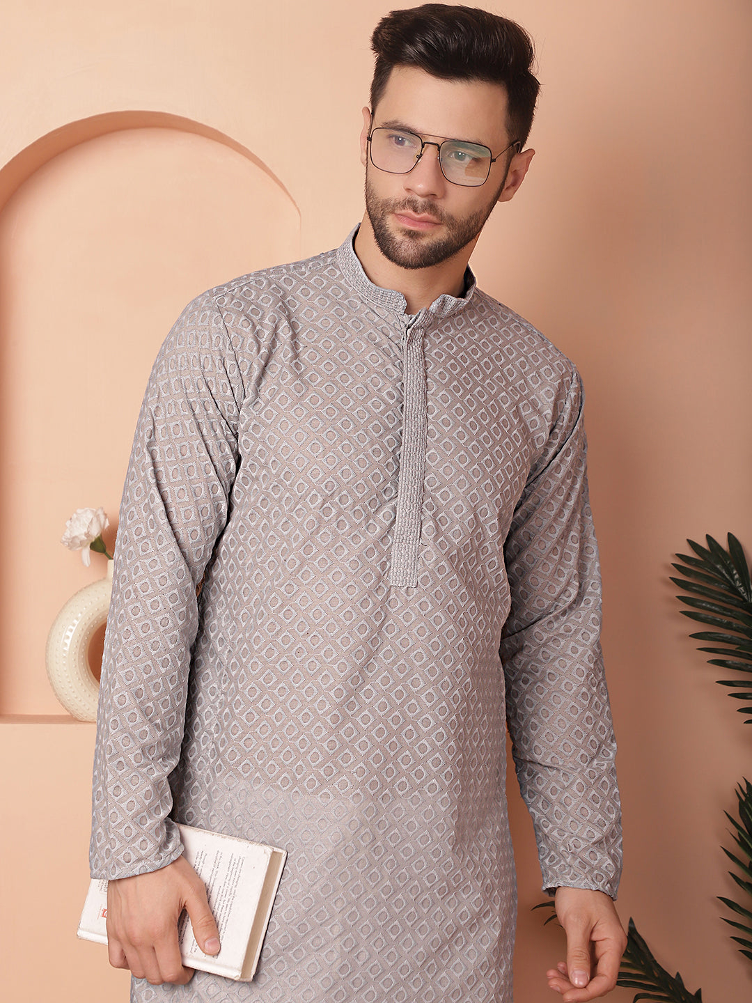 Grey Mens Kurta: Chikankari Cotton Indian Kurta for Men