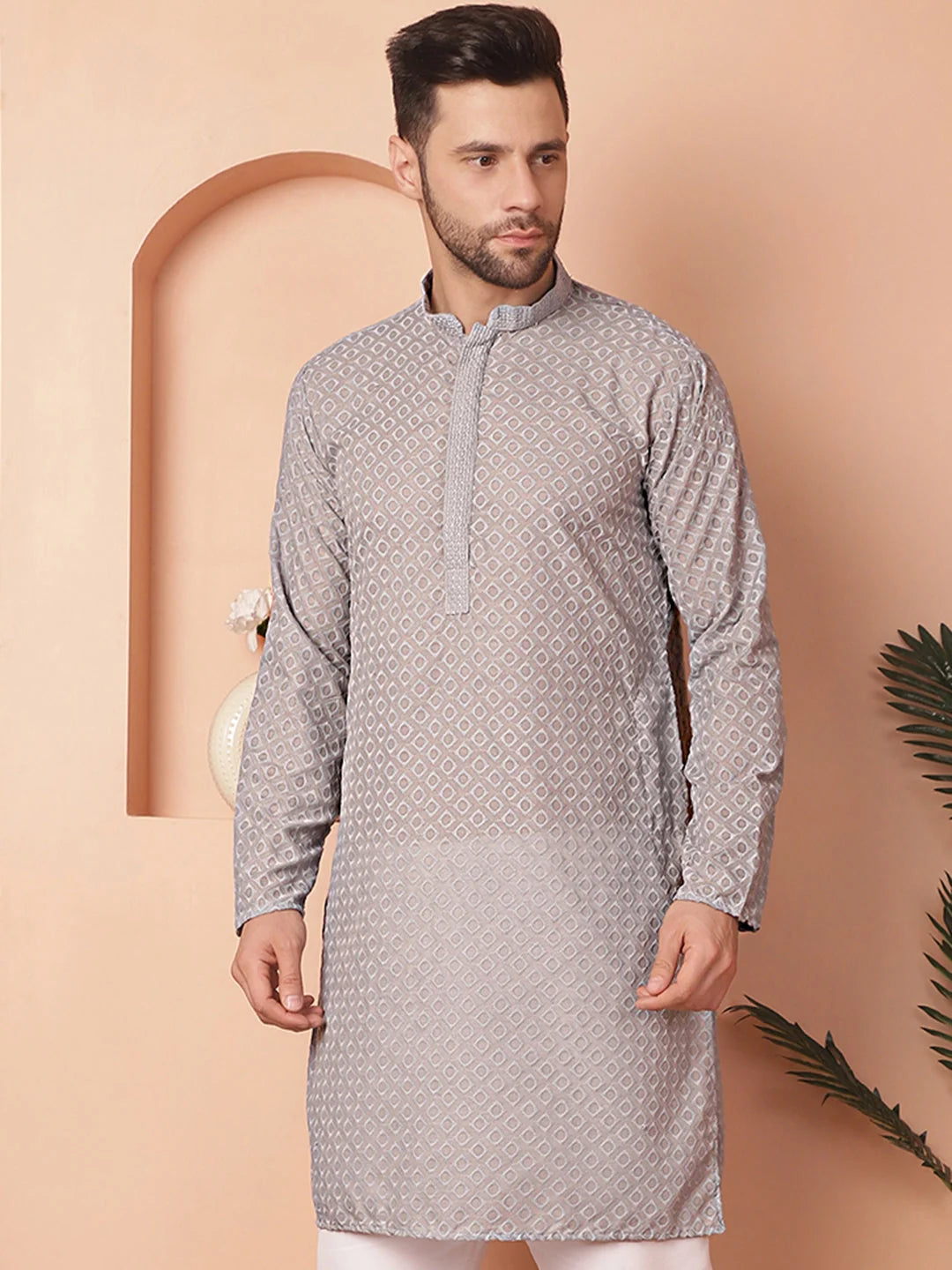 Grey Mens Kurta: Chikankari Cotton Indian Kurta for Men