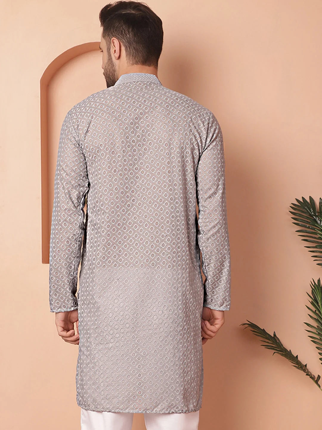 Grey Mens Kurta: Chikankari Cotton Indian Kurta for Men