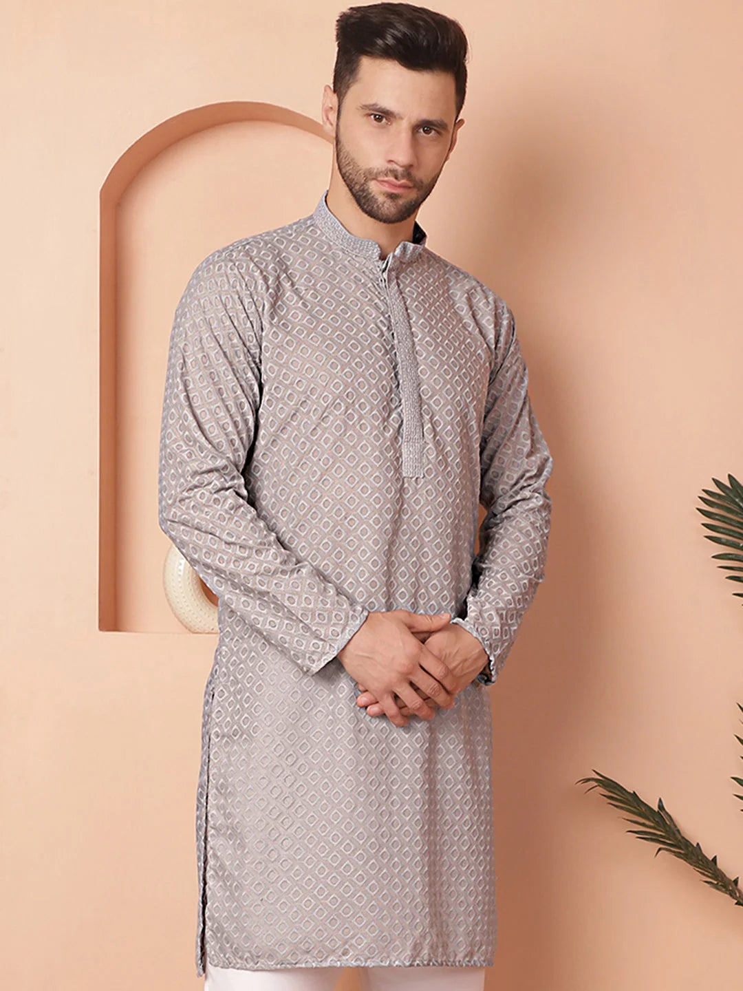 Grey Mens Kurta: Chikankari Cotton Indian Kurta for Men