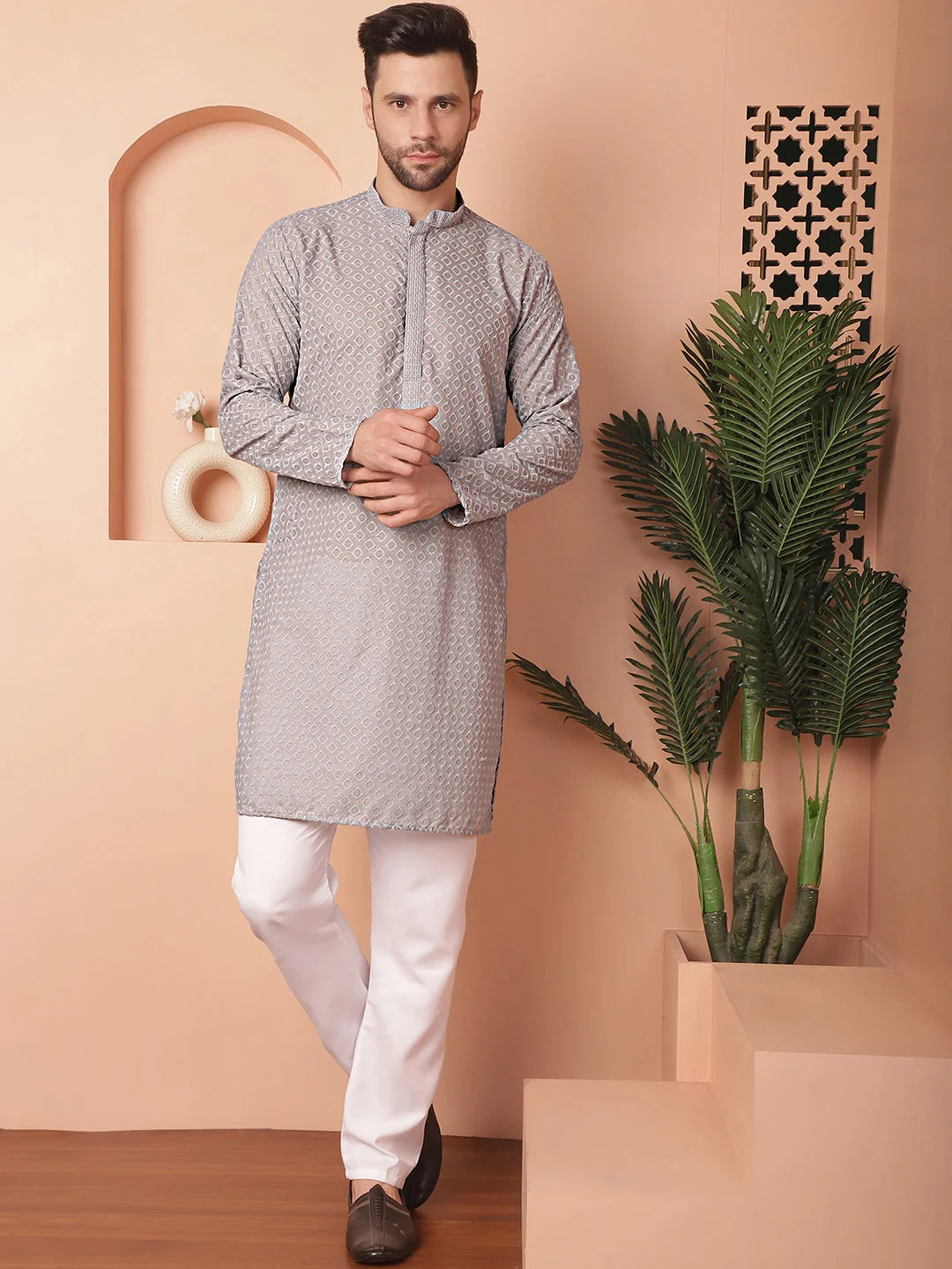 Grey Mens Kurta: Chikankari Cotton Indian Kurta for Men