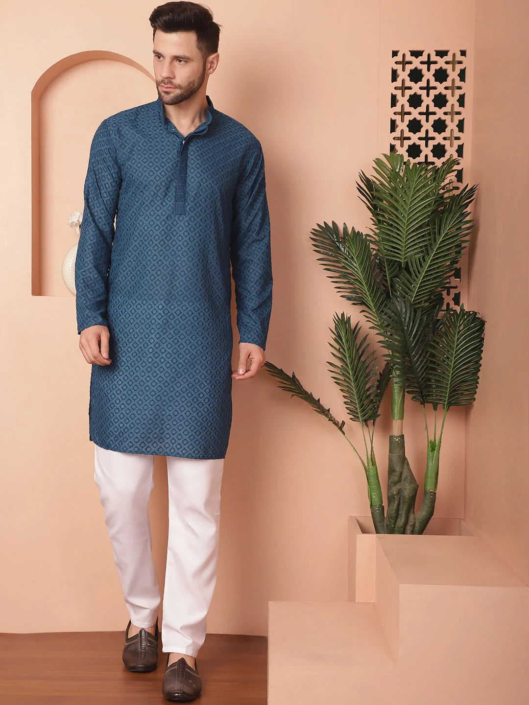 Peacock Chikankari Pure Cotton Indian Kurta for Men