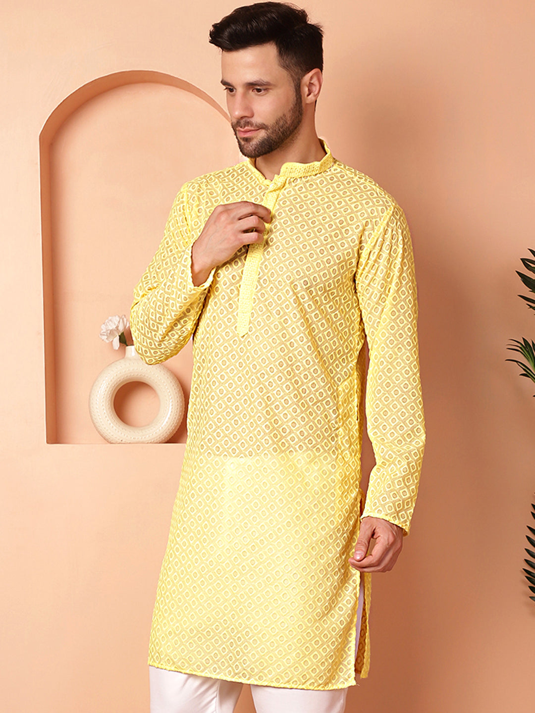 Yellow Chikankari Pure Cotton Indian Kurta for Men