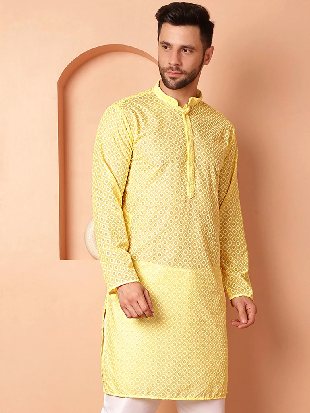 Yellow Chikankari Pure Cotton Indian Kurta for Men