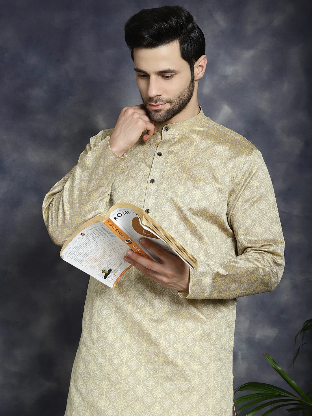 Beige Woven Design Mens Kurta | Short Kurta for Men