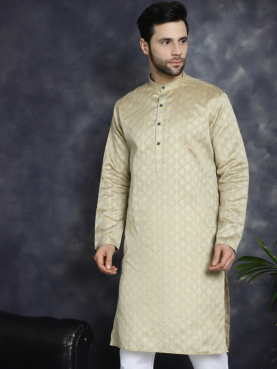 Beige Woven Design Mens Kurta | Short Kurta for Men