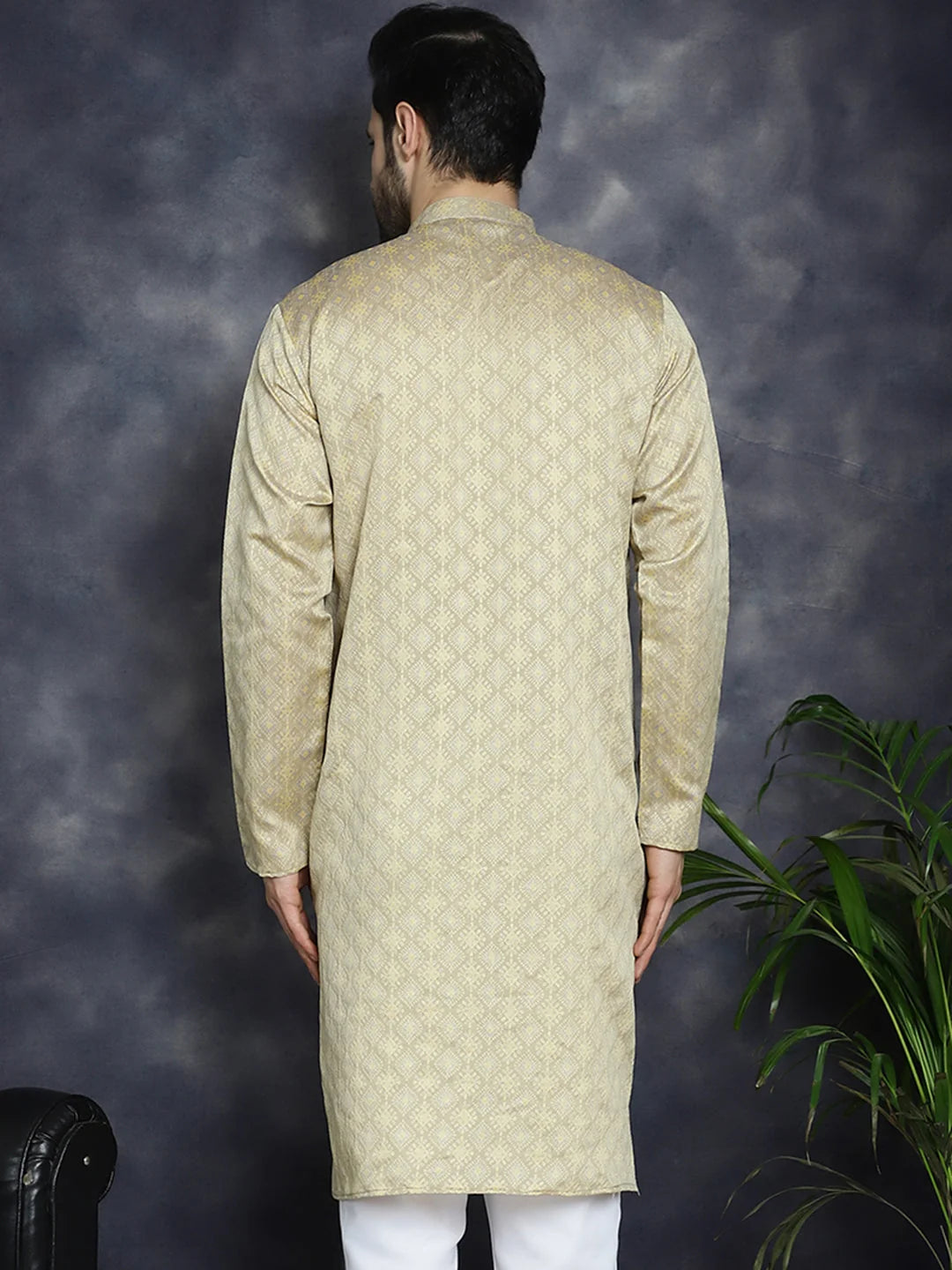 Beige Woven Design Mens Kurta | Short Kurta for Men