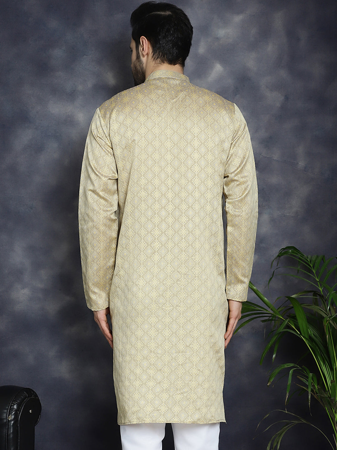 Beige Woven Design Mens Kurta | Short Kurta for Men