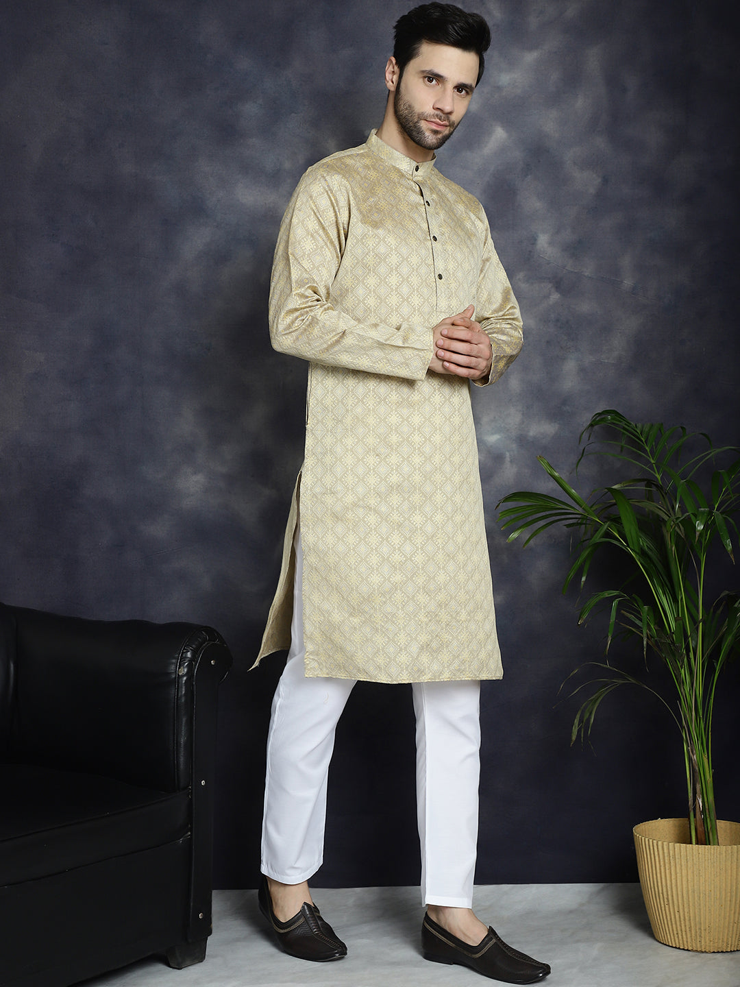 Beige Woven Design Mens Kurta | Short Kurta for Men