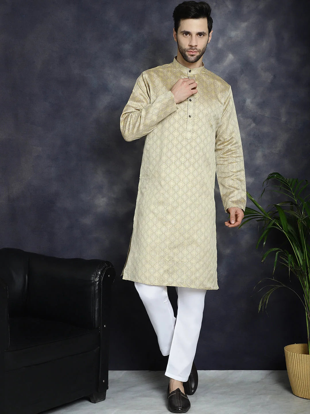 Beige Woven Design Mens Kurta | Short Kurta for Men