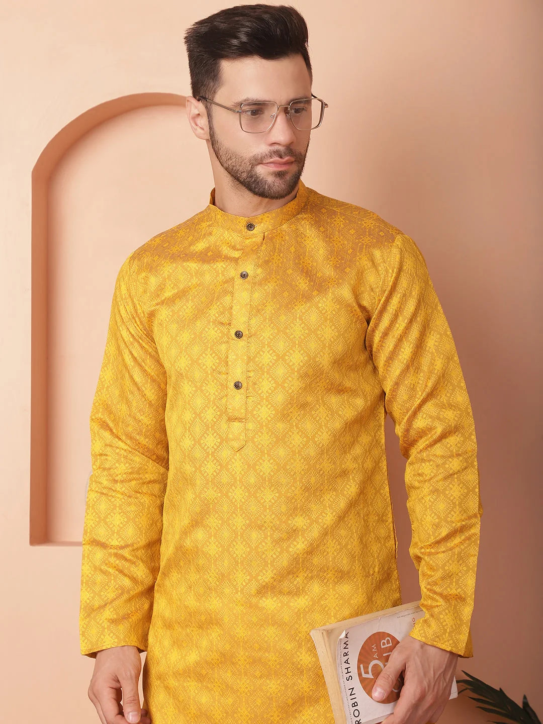 Mustard Woven Design Silk Blend Men's Kurta for Wedding