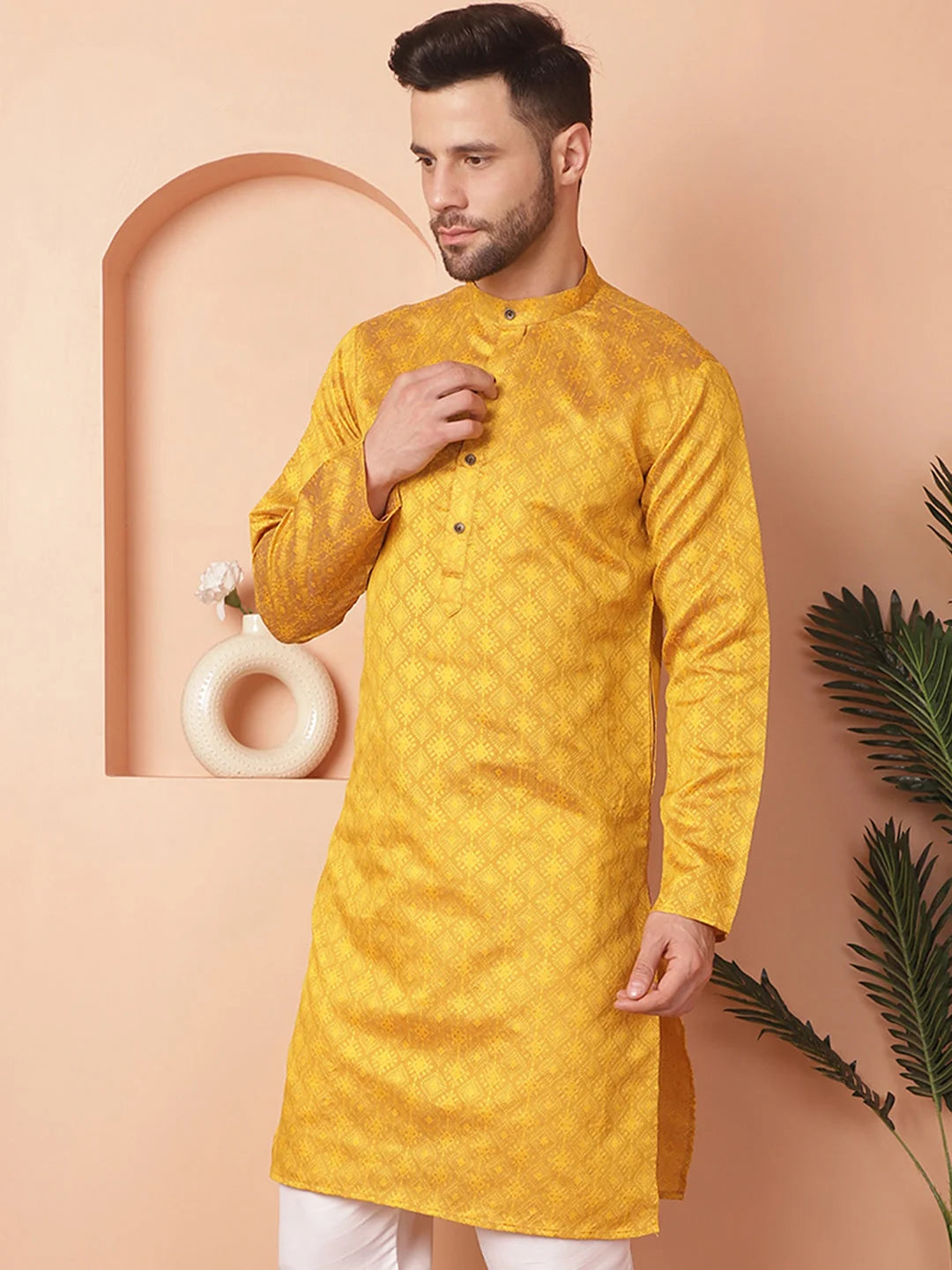 Mustard Woven Design Silk Blend Men's Kurta for Wedding