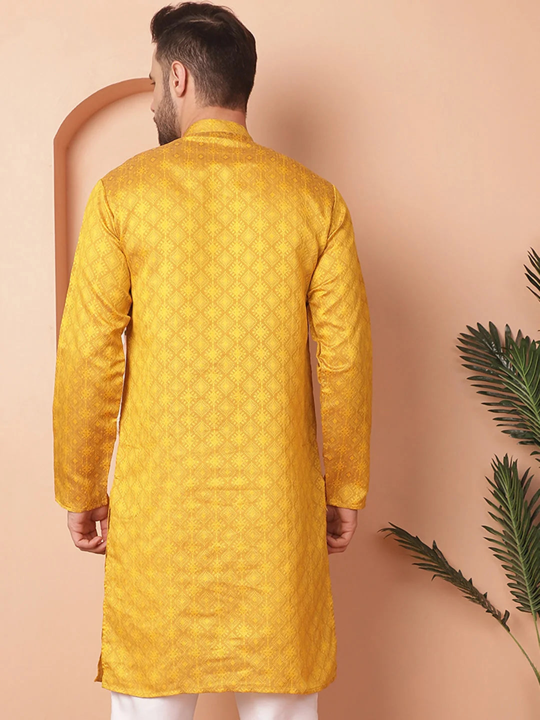 Mustard Woven Design Silk Blend Men's Kurta for Wedding