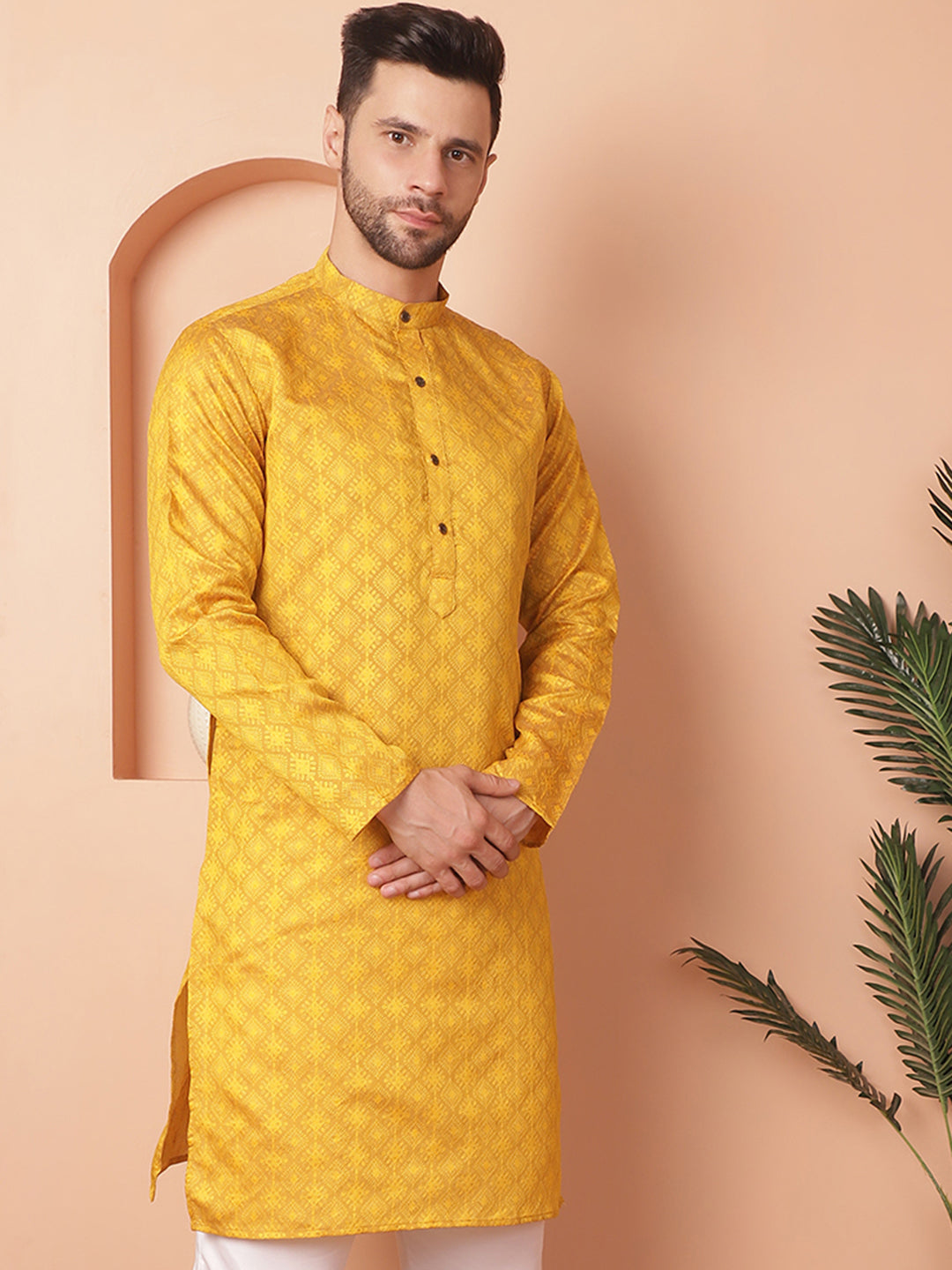 Mustard Woven Design Silk Blend Men's Kurta for Wedding