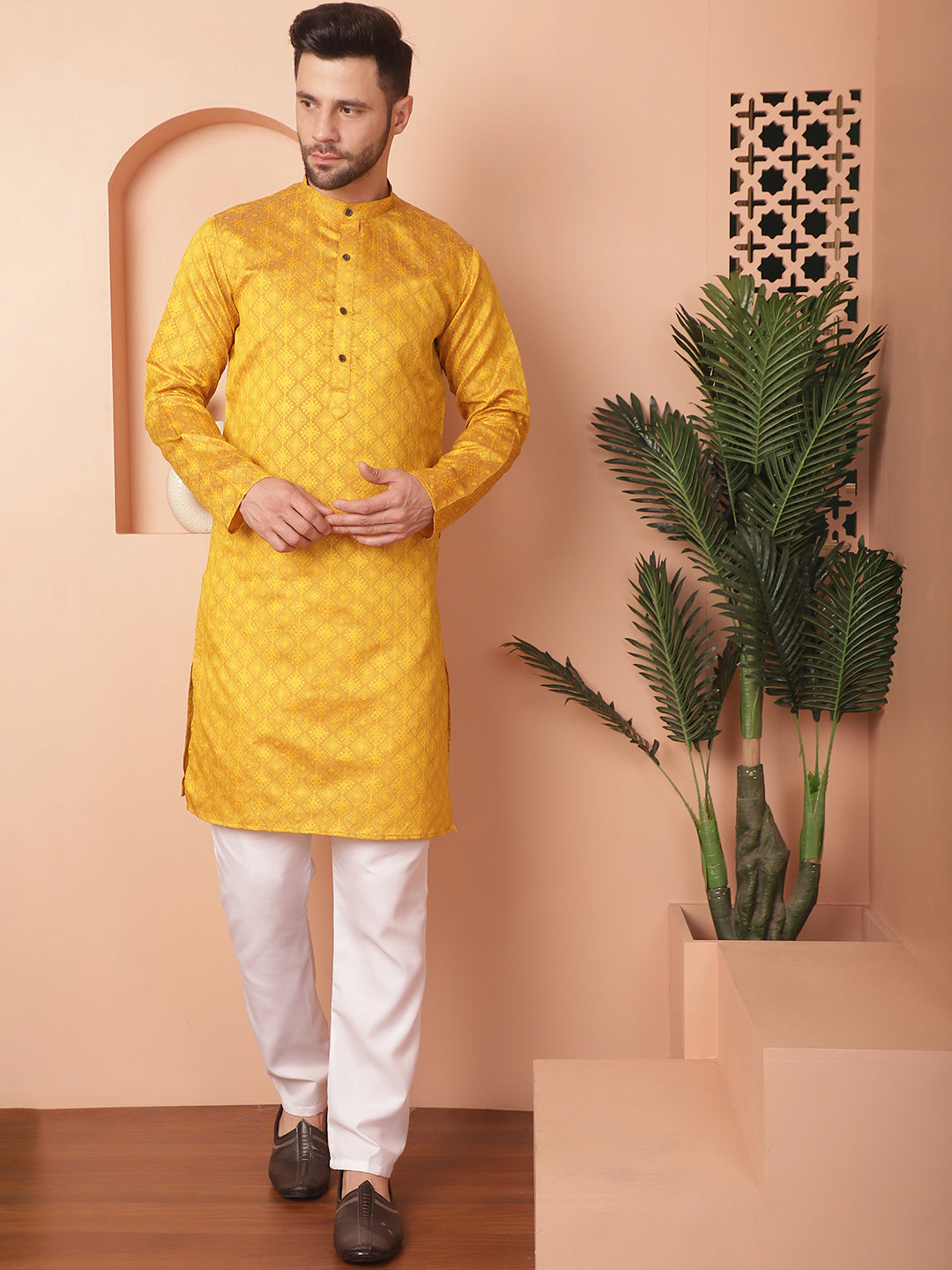 Mustard Woven Design Silk Blend Men's Kurta for Wedding