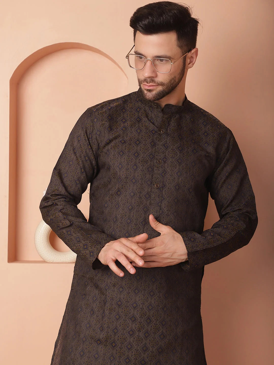 Navy Silk Kurta for Men: Woven Design Indian Wedding Kurta