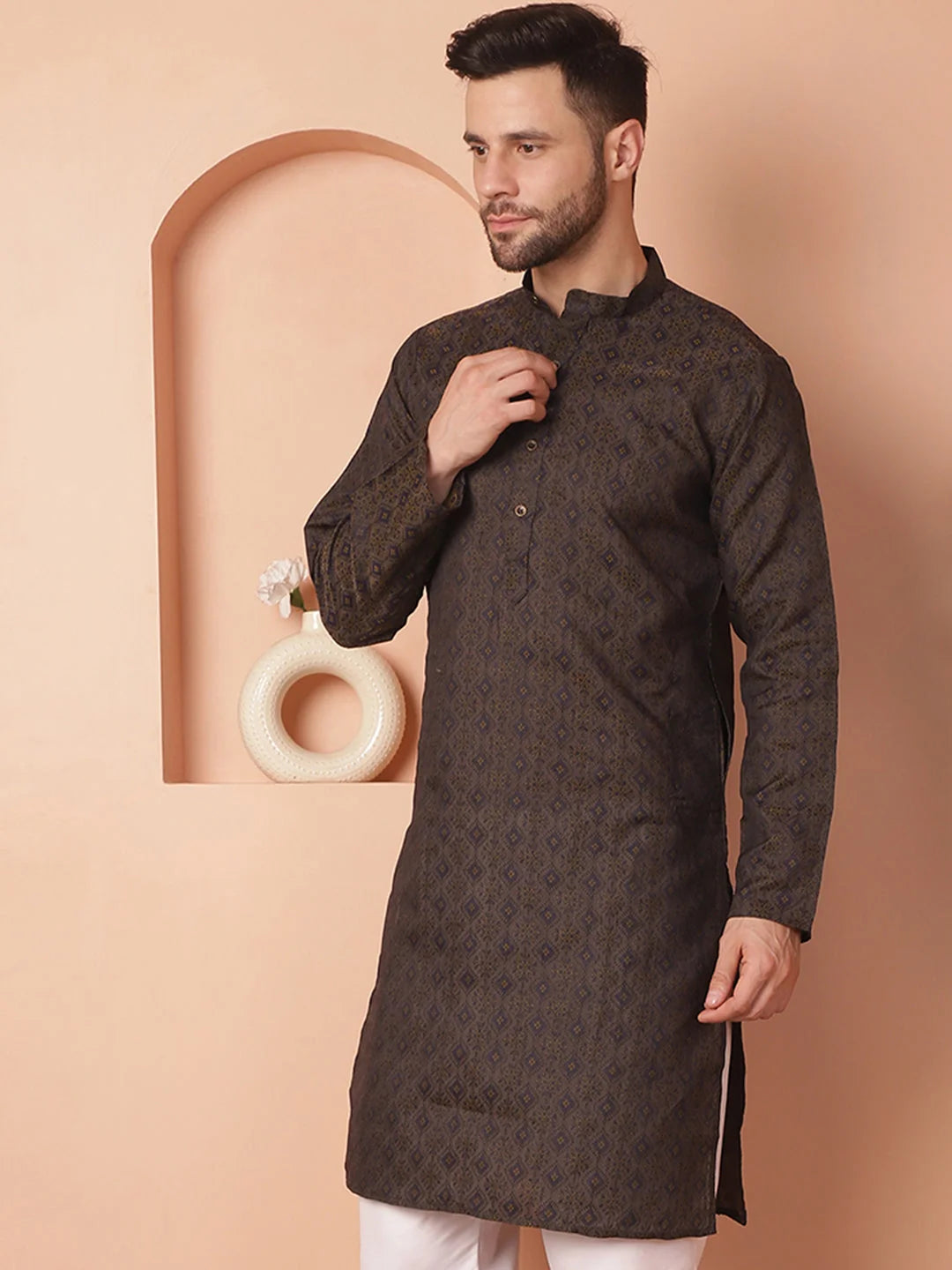 Navy Silk Kurta for Men: Woven Design Indian Wedding Kurta