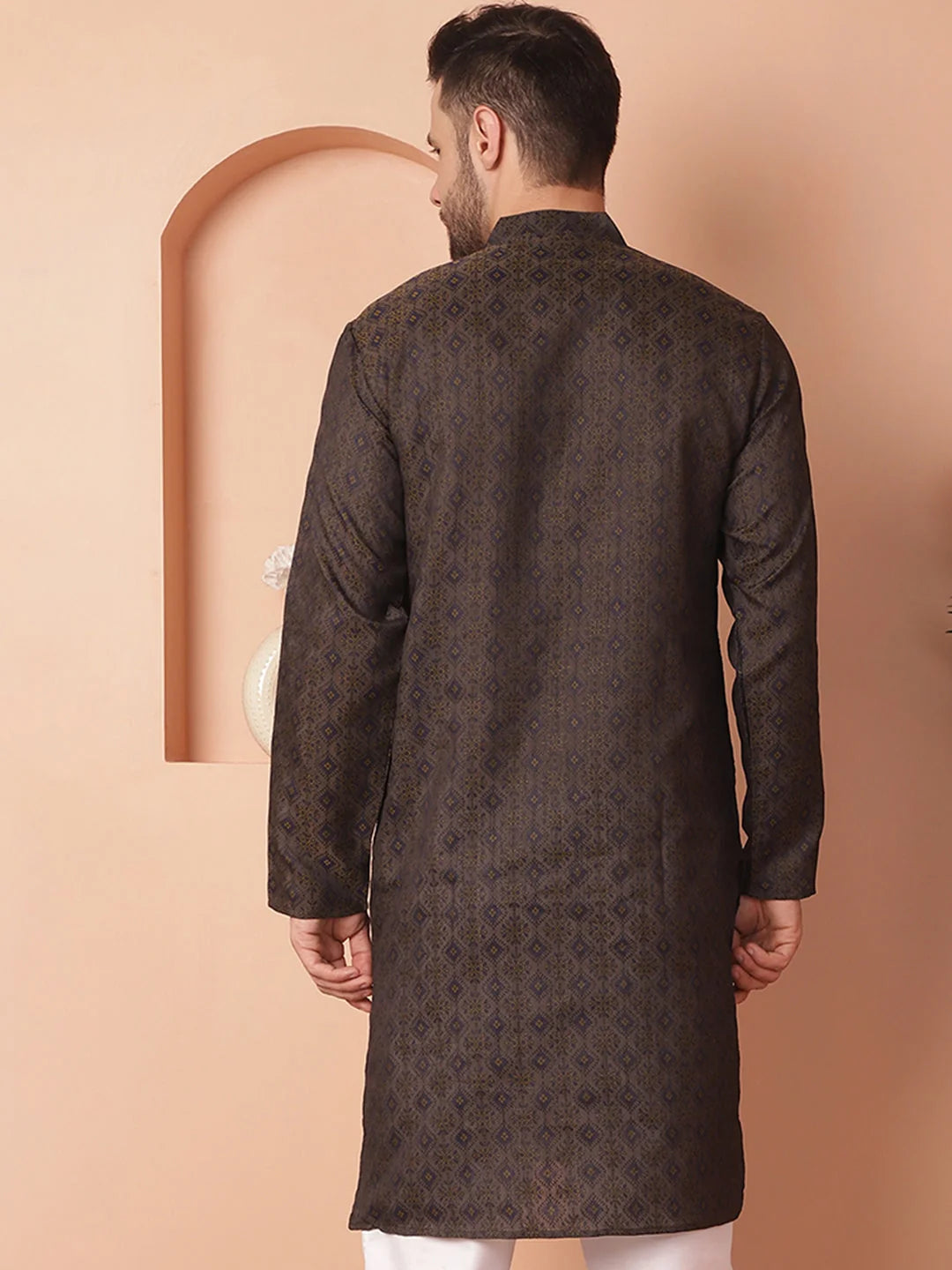Navy Silk Kurta for Men: Woven Design Indian Wedding Kurta
