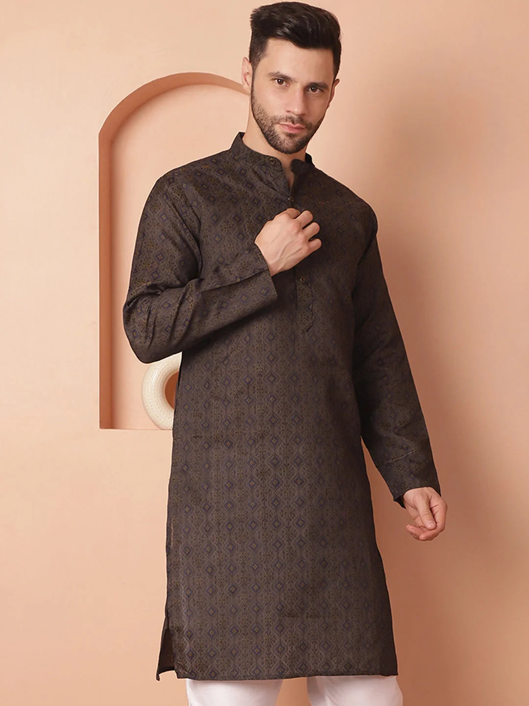 Navy Silk Kurta for Men: Woven Design Indian Wedding Kurta