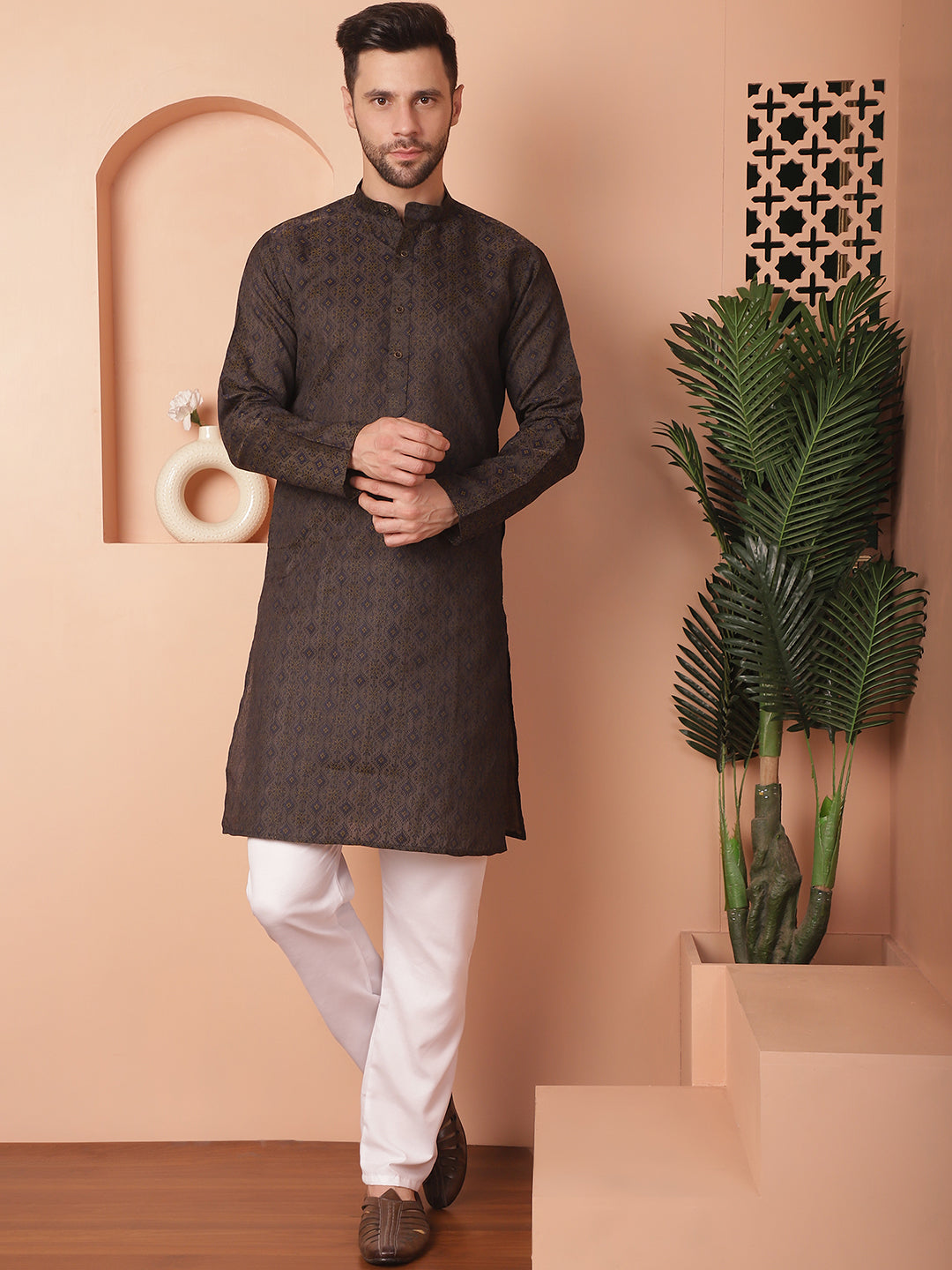 Navy Silk Kurta for Men: Woven Design Indian Wedding Kurta