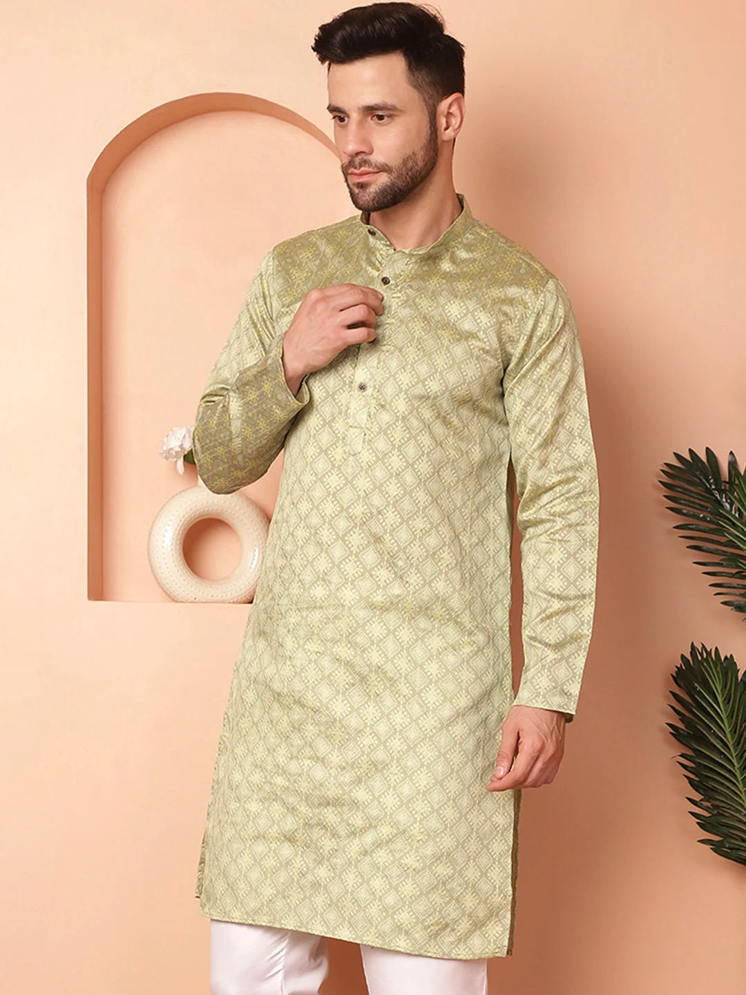 Pista Woven Design Silk Blend Indian Kurta for Men