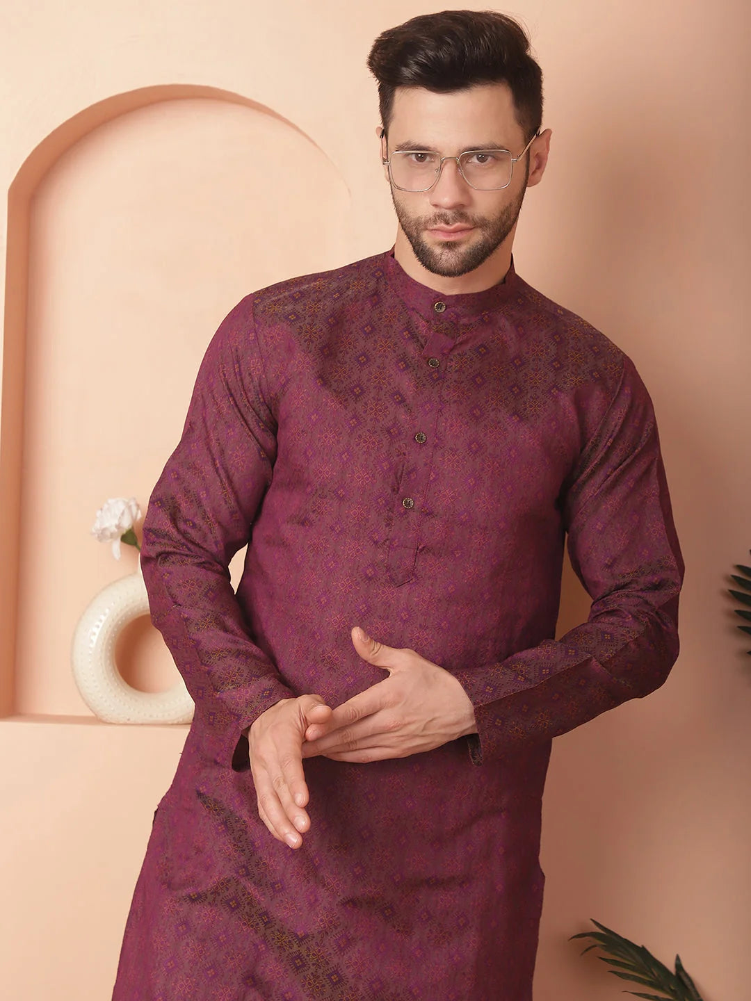 Woven Purple Silk Blend Men's Kurta - Indian Kurta for Men