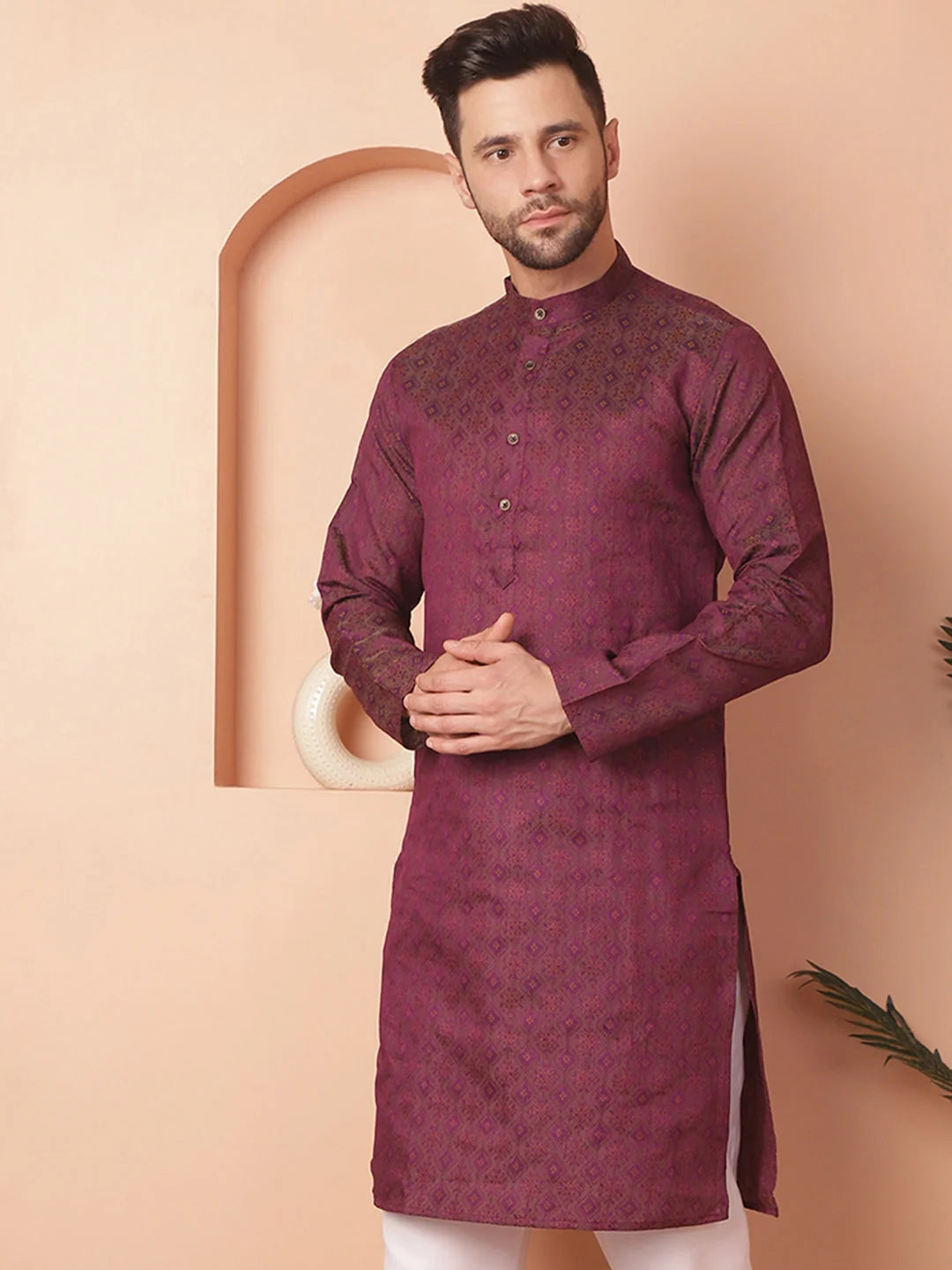 Woven Purple Silk Blend Men's Kurta - Indian Kurta for Men