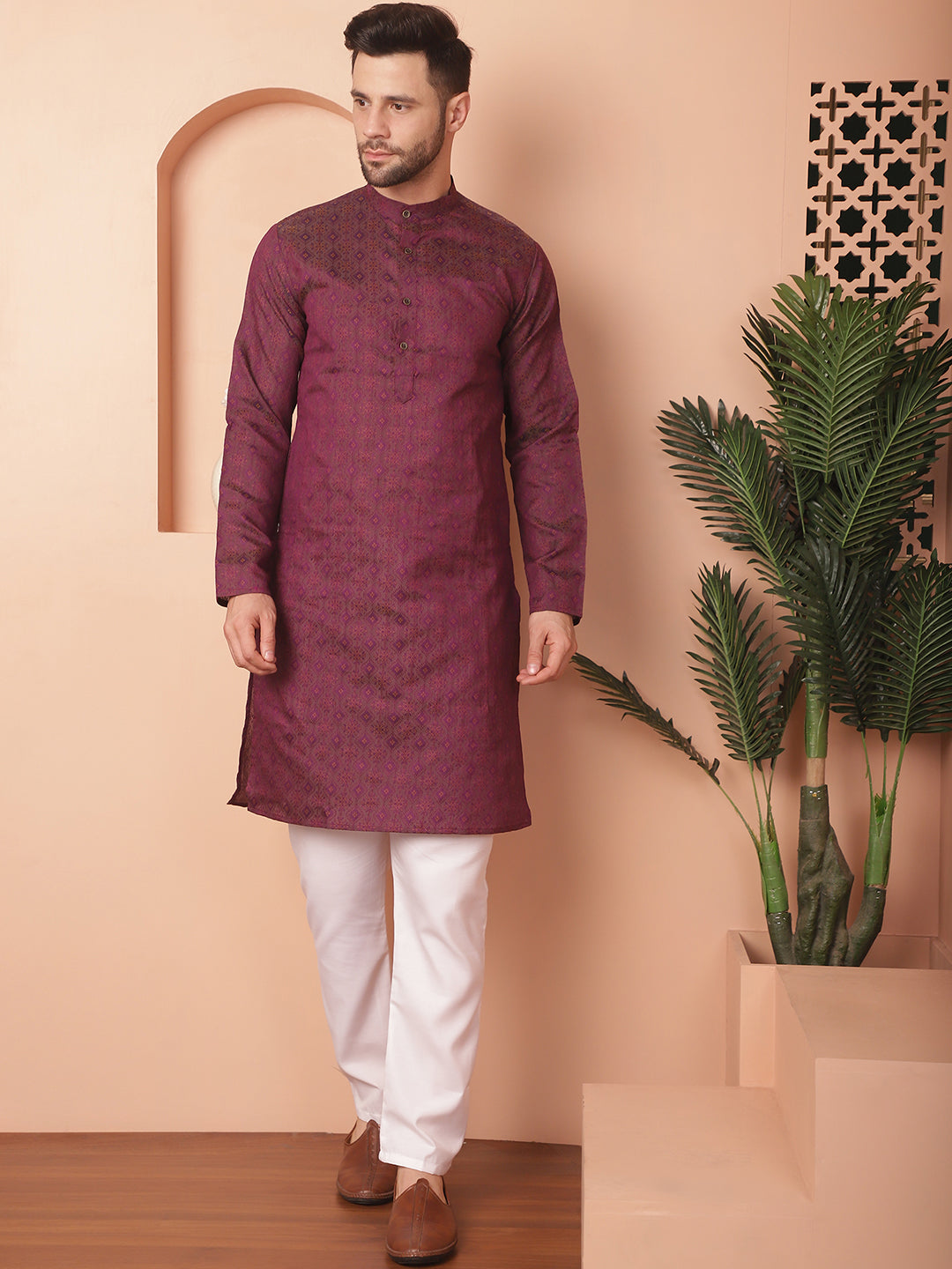 Woven Purple Silk Blend Men's Kurta - Indian Kurta for Men