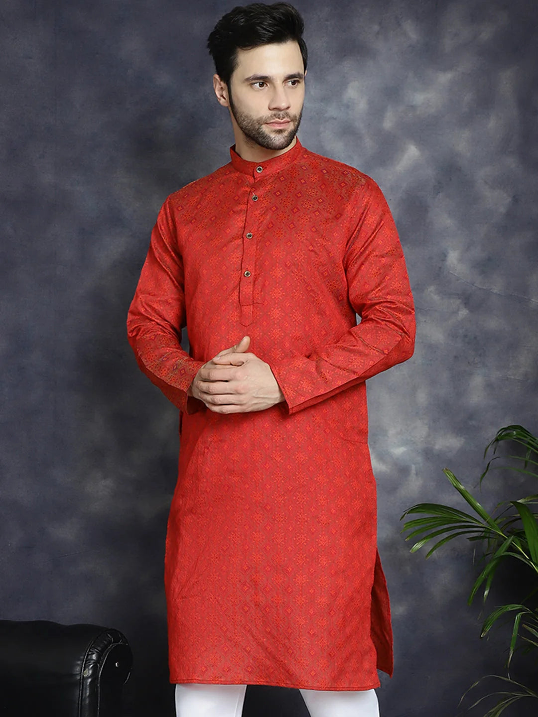 Red Woven Design Indian Kurta | Mens Kurta for Wedding