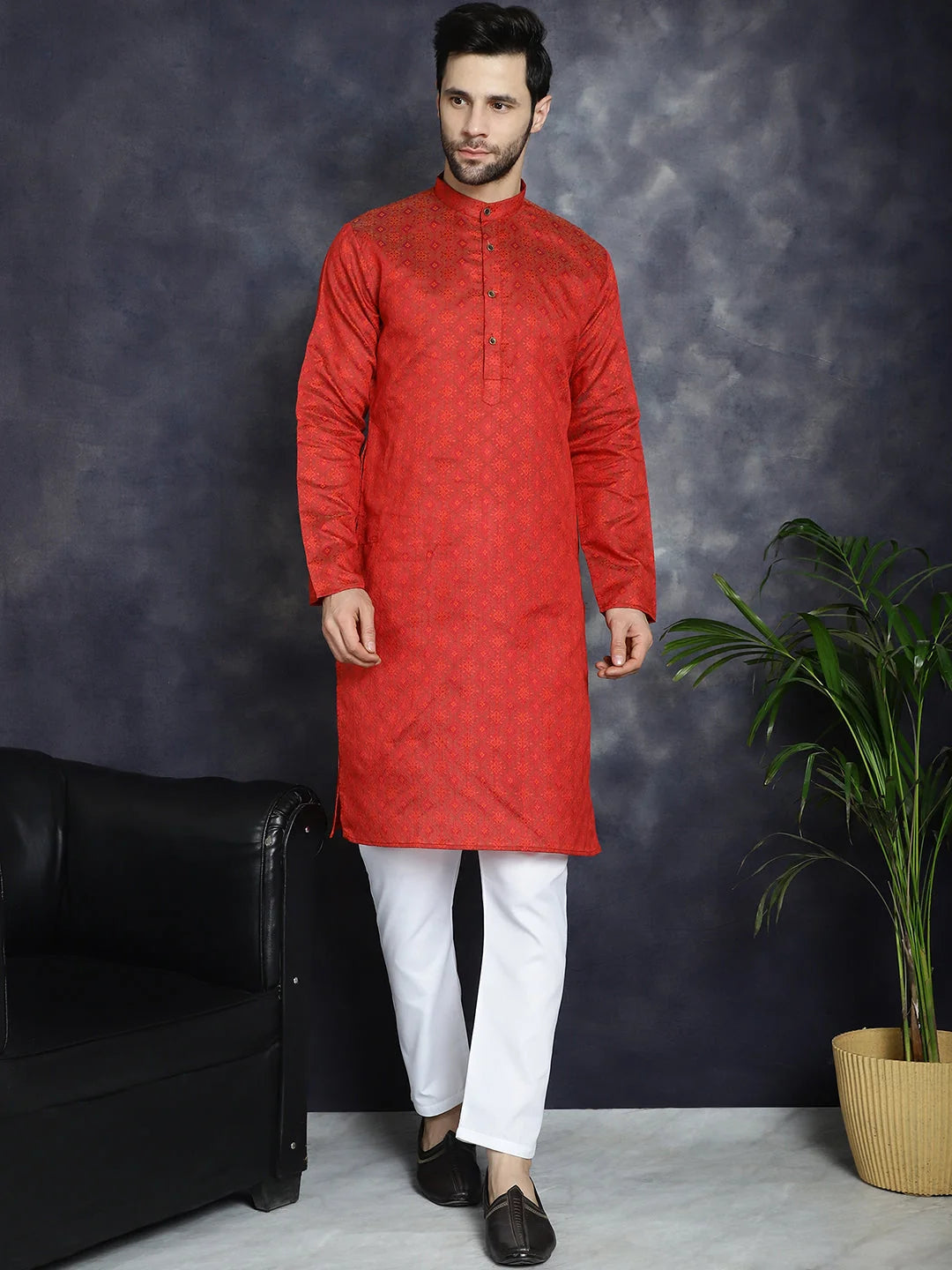 Red Woven Design Indian Kurta | Mens Kurta for Wedding