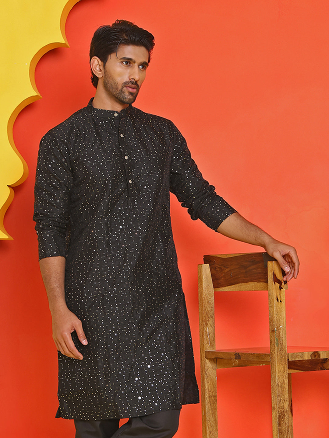 DesiQlo Men Embroidered Kurta Only - Black - KO_5035Black_S