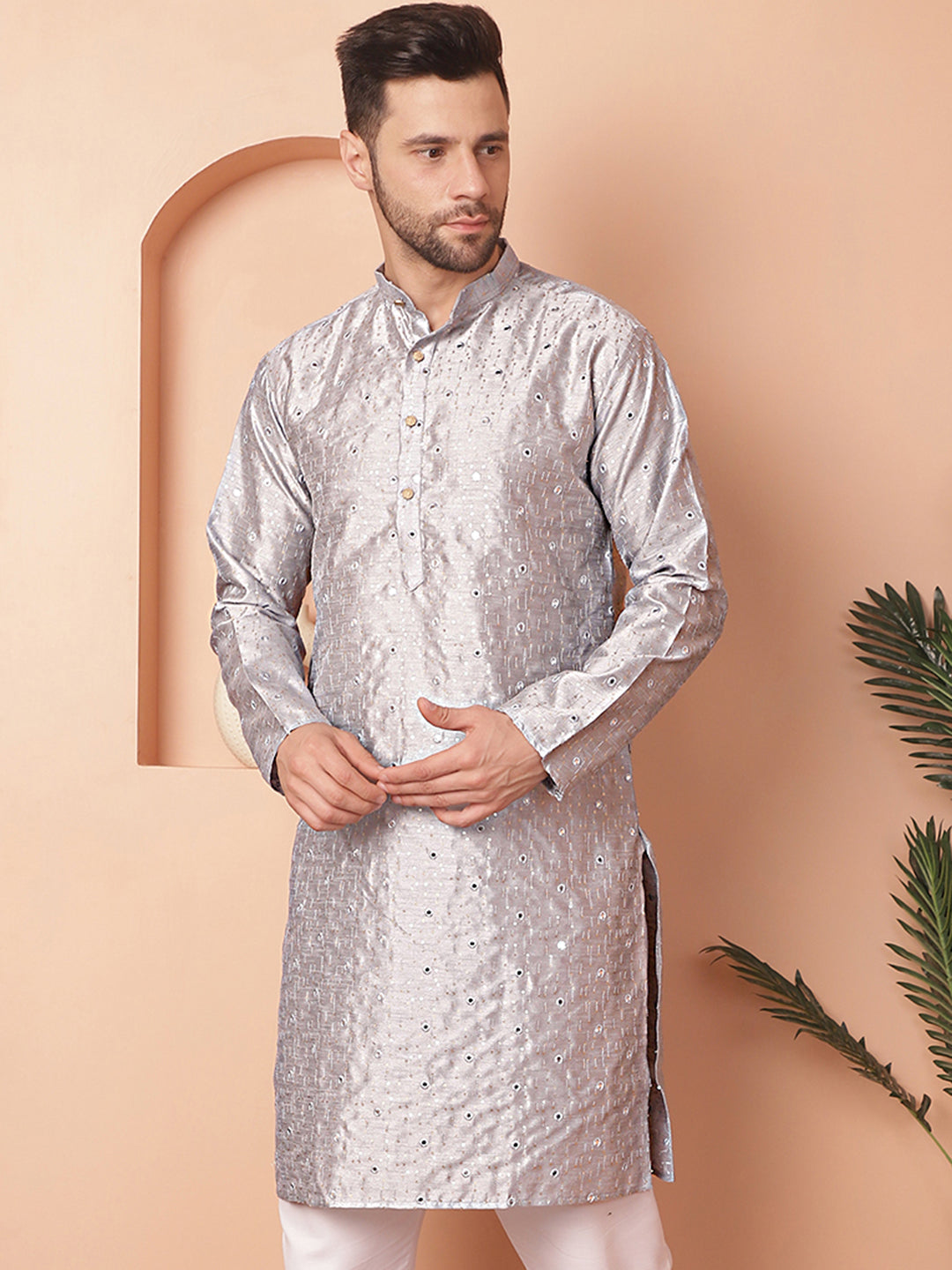 Grey Embroidered Men's Kurta - Silk Cotton Indian Kurta