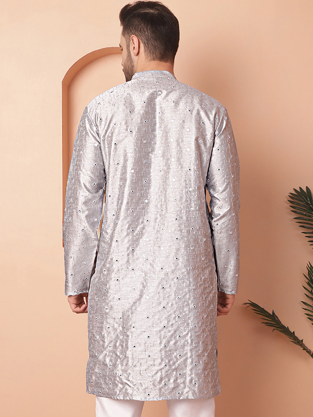 Grey Embroidered Men's Kurta - Silk Cotton Indian Kurta