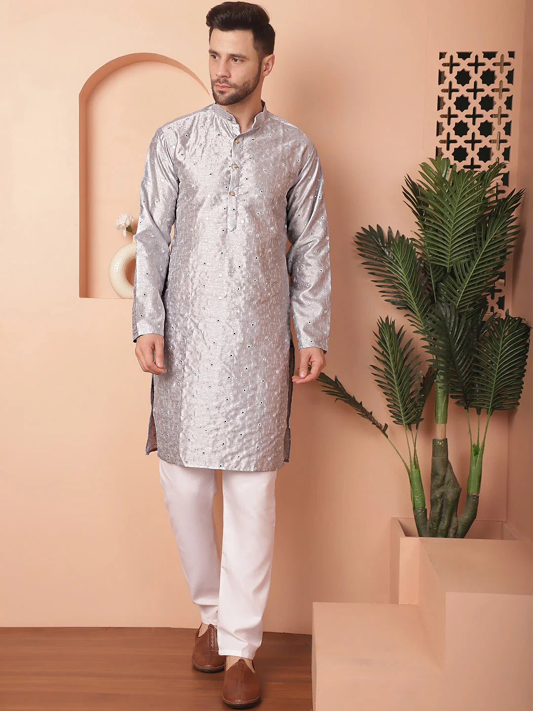 Grey Embroidered Men's Kurta - Silk Cotton Indian Kurta