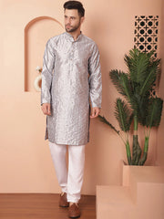 Men's Embroidered Mirror Work Kurtas-KO-5035Grey