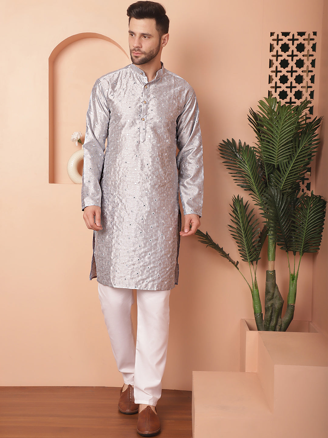 Grey Embroidered Men's Kurta - Silk Cotton Indian Kurta