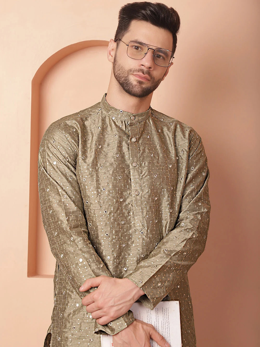 Men's Embroidered Mirror Work Kurtas-KO-5035Pista