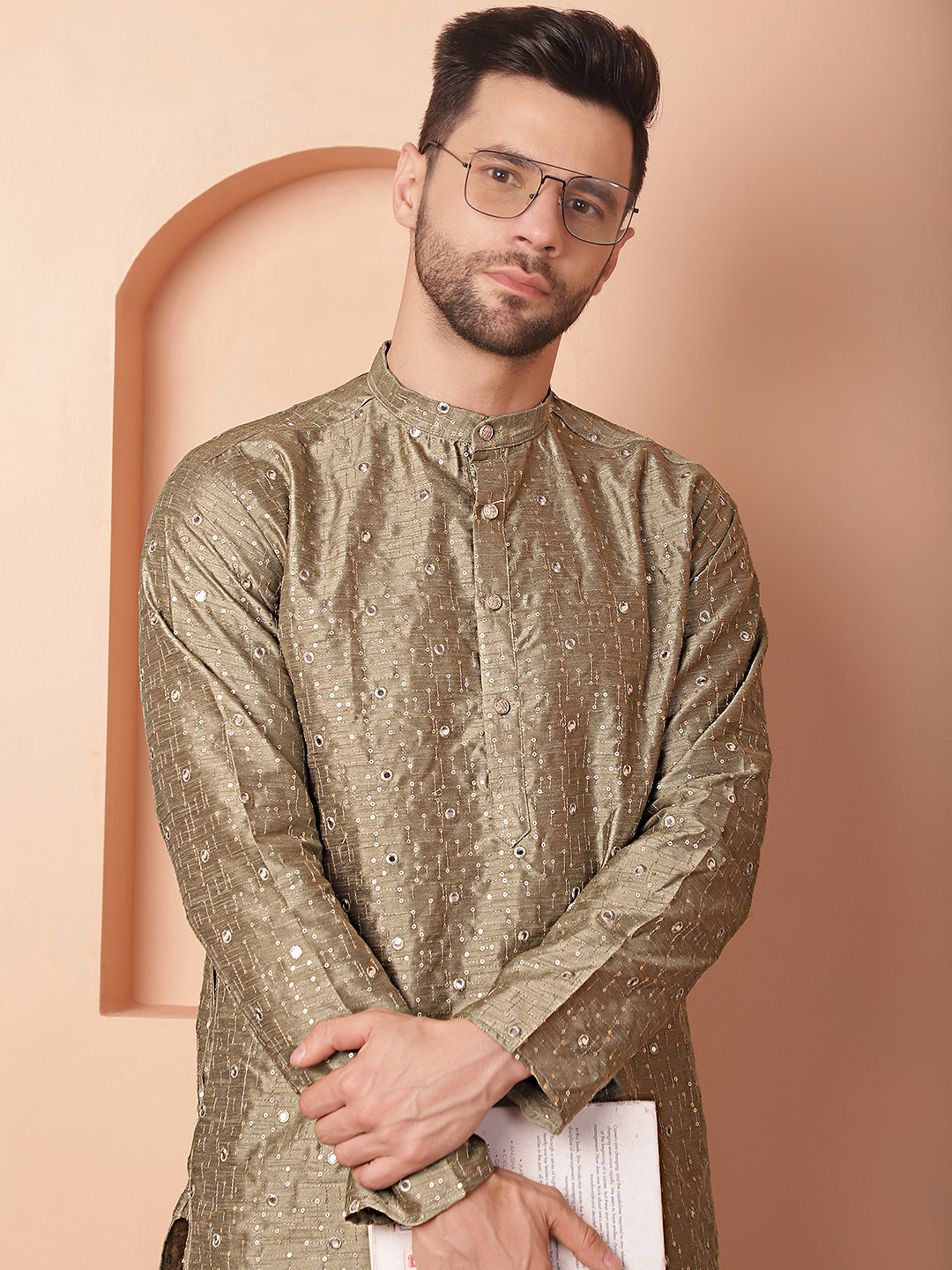 Pista Embroidered Men's Kurta - Silk Cotton Indian Kurta