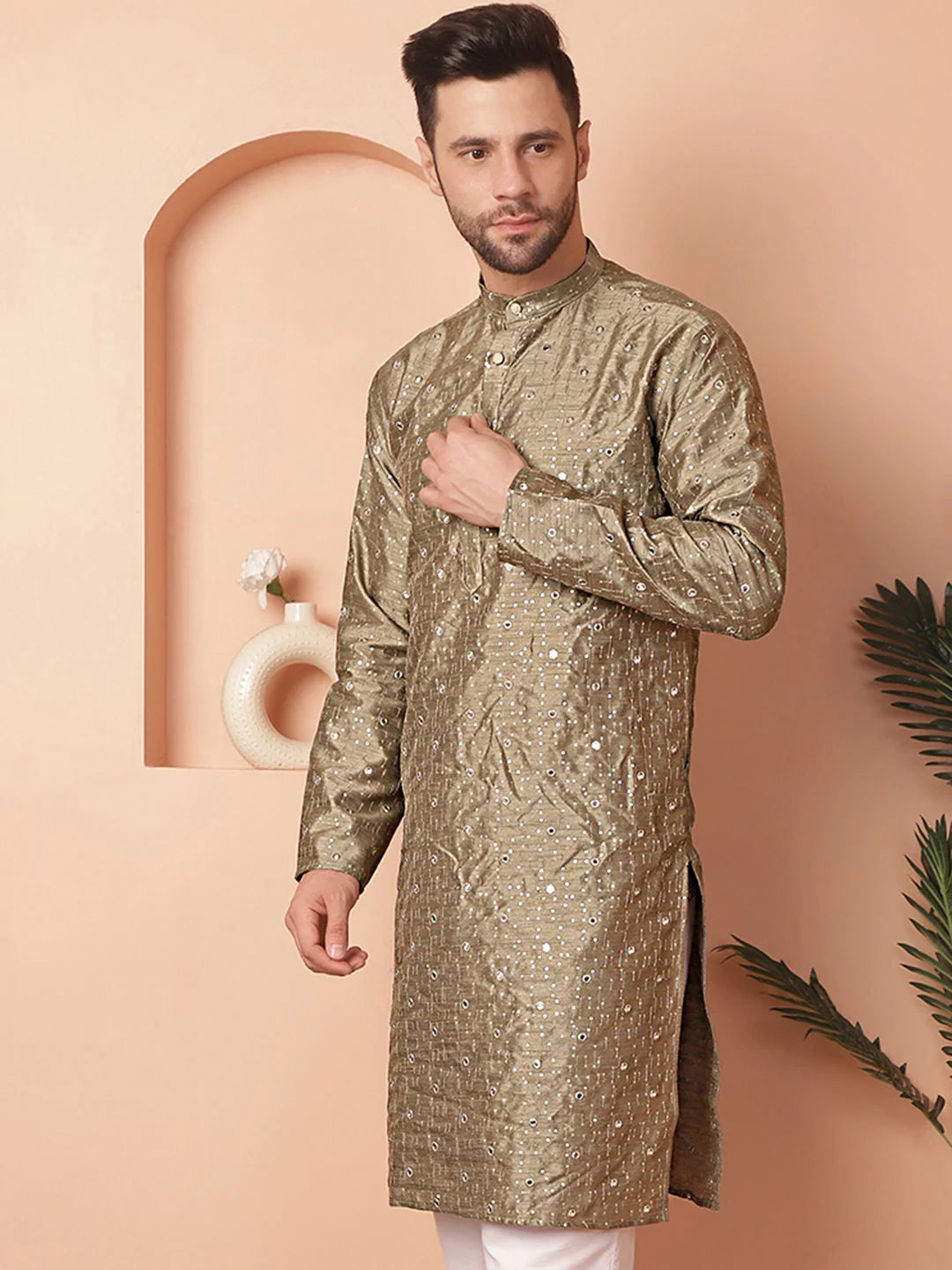 Pista Embroidered Men's Kurta - Silk Cotton Indian Kurta