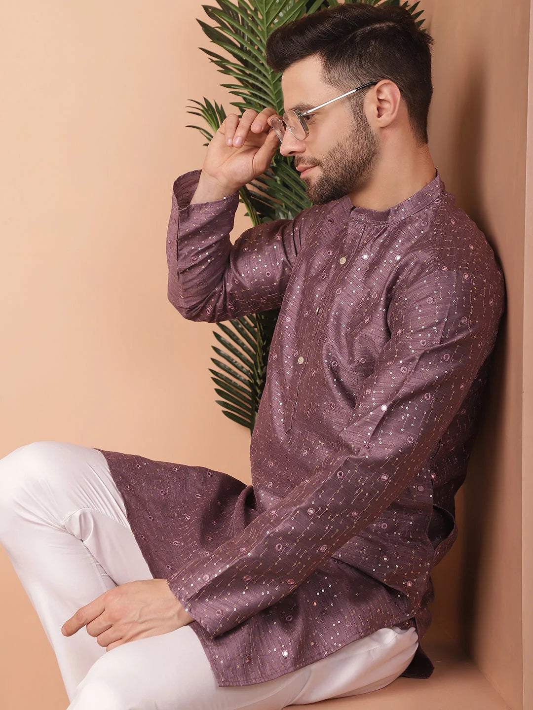 Men's Embroidered Mirror Work Kurtas-KO-5035Purple