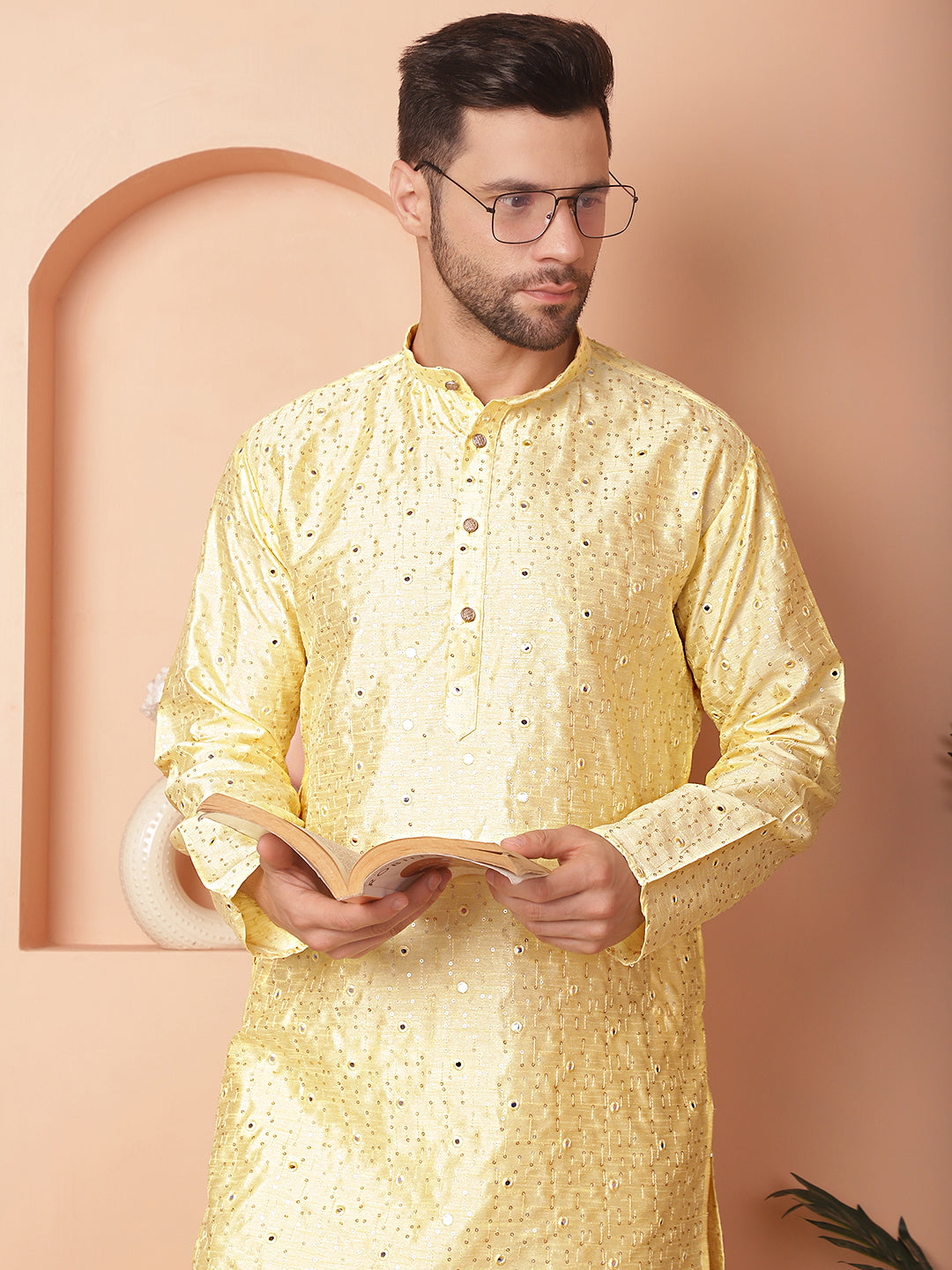 Men's Embroidered Mirror Work Kurtas-KO-5035Yellow