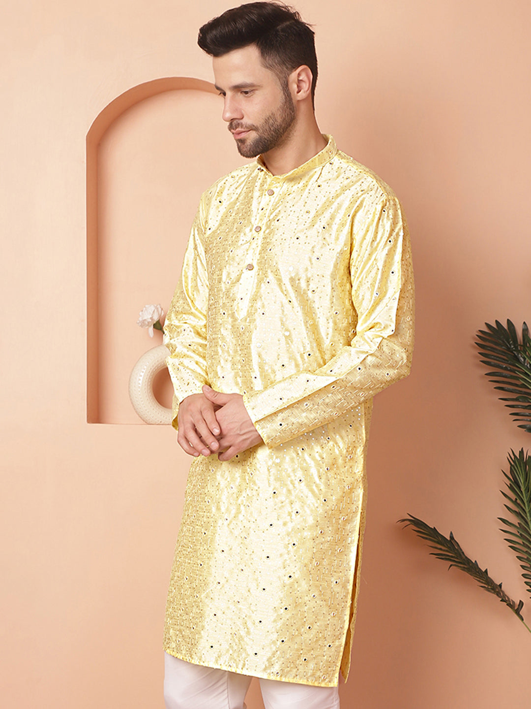 Yellow Embroidered Men's Kurta - Silk Cotton Indian Kurta