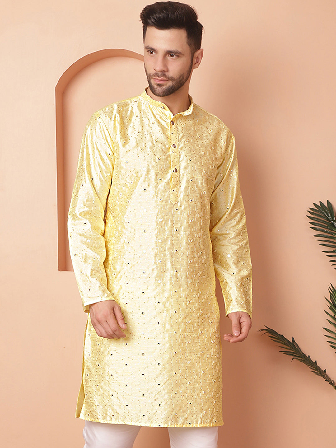 Yellow Embroidered Men's Kurta - Silk Cotton Indian Kurta