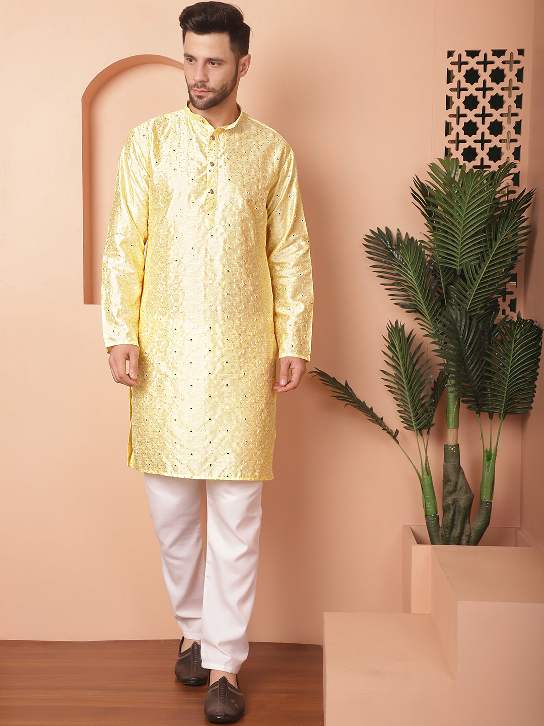 Yellow Embroidered Men's Kurta - Silk Cotton Indian Kurta