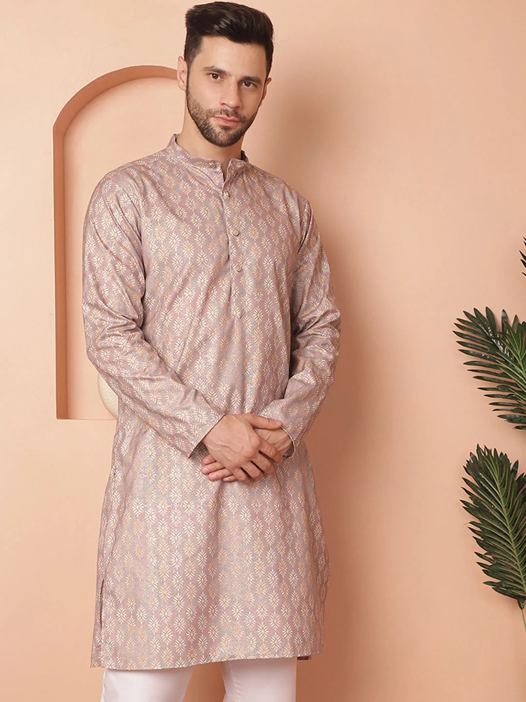 Peach Foil Printed Mens Kurta - Indian Kurta for Men Online