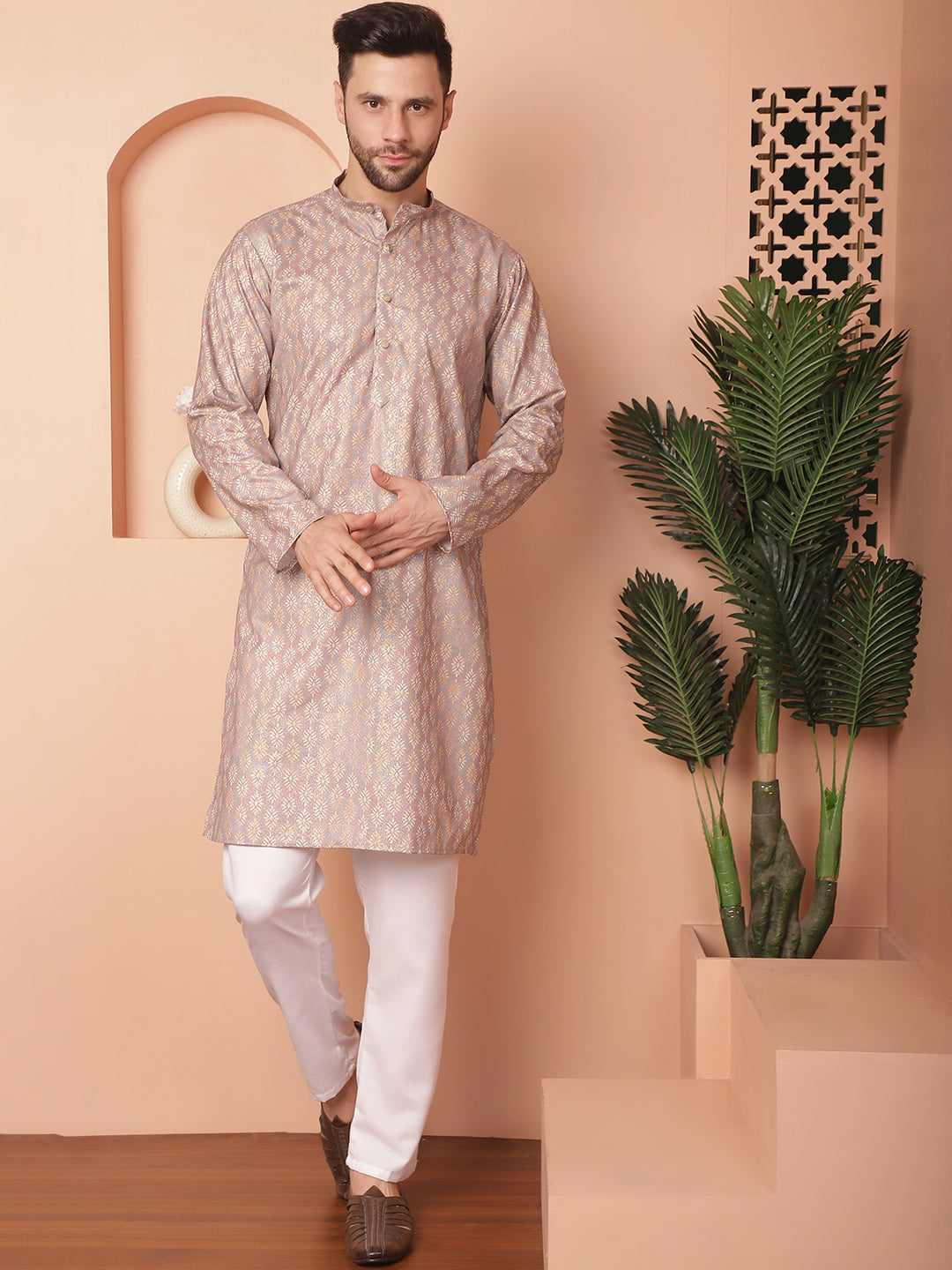 Peach Foil Printed Mens Kurta - Indian Kurta for Men Online