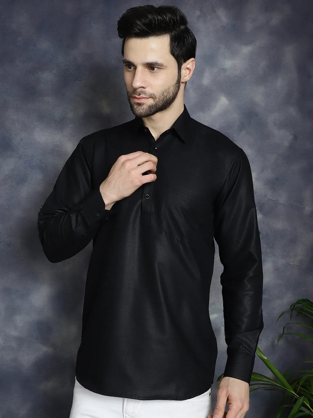Men's Black Solid Cotton Short Kurta | Indian Kurta for Men