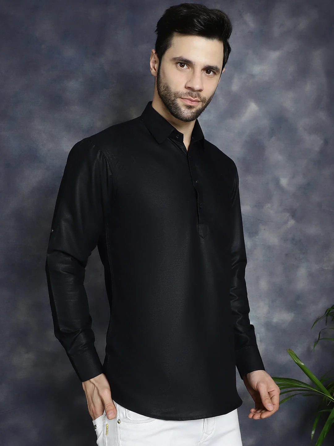 Men's Black Solid Cotton Short Kurta | Indian Kurta for Men